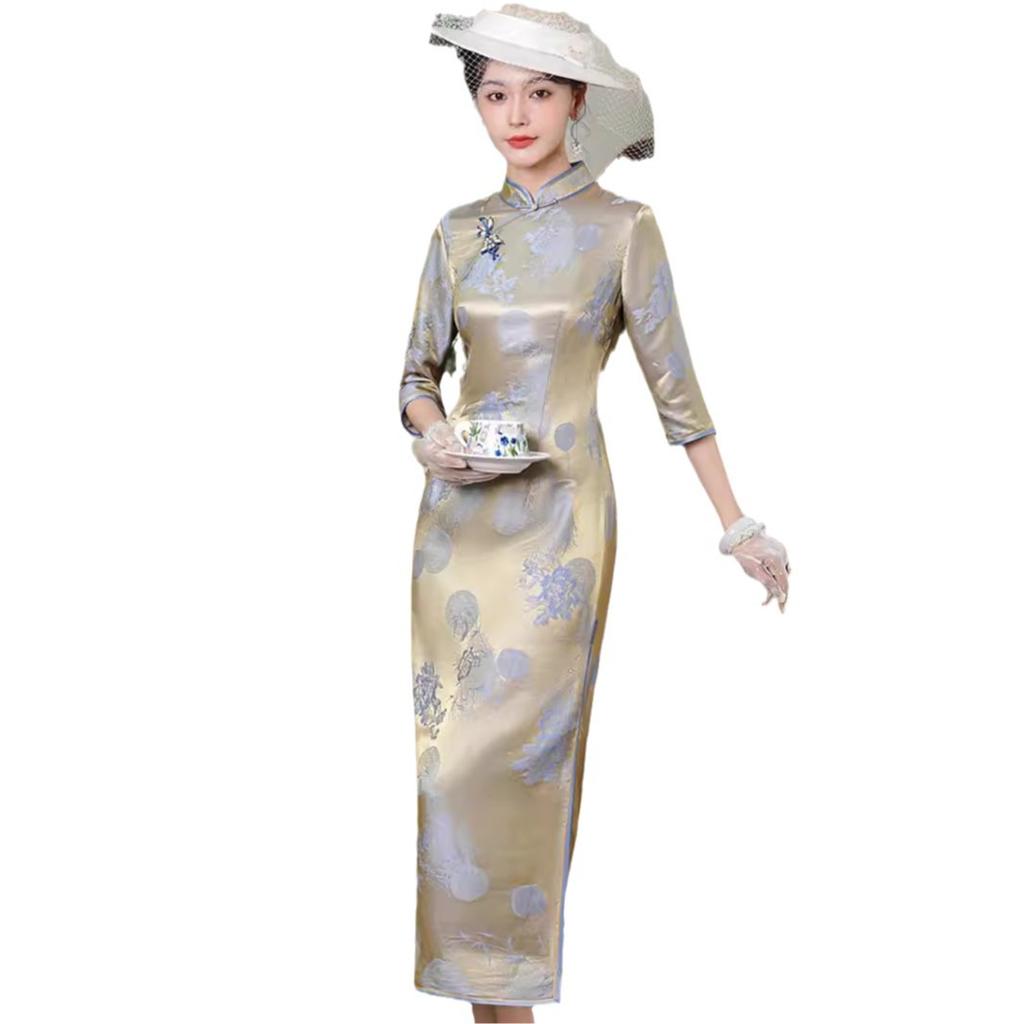 High-end silk cheongsam new Chinese style 1011 spring and autumn new women's improved interwoven mulberry silk long dress