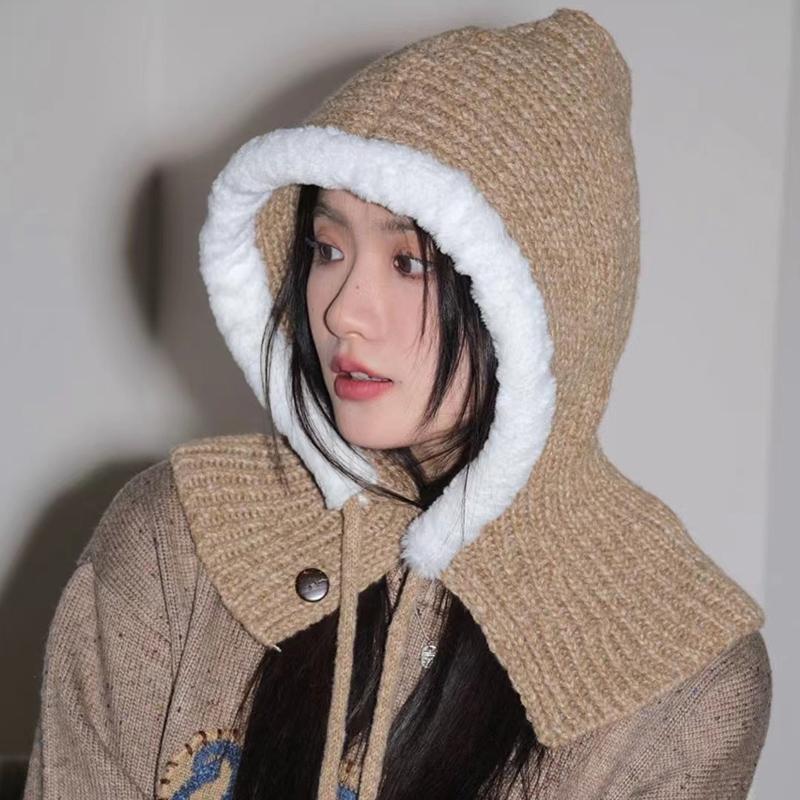 

Шапка-балаклава женская осенне-зимняя теплая с защитой ушей плюшевая шапка шарф интегрированный ветрозащитная и холодозащитная цветная шерстяная шапка Adult average size (56-58cm)