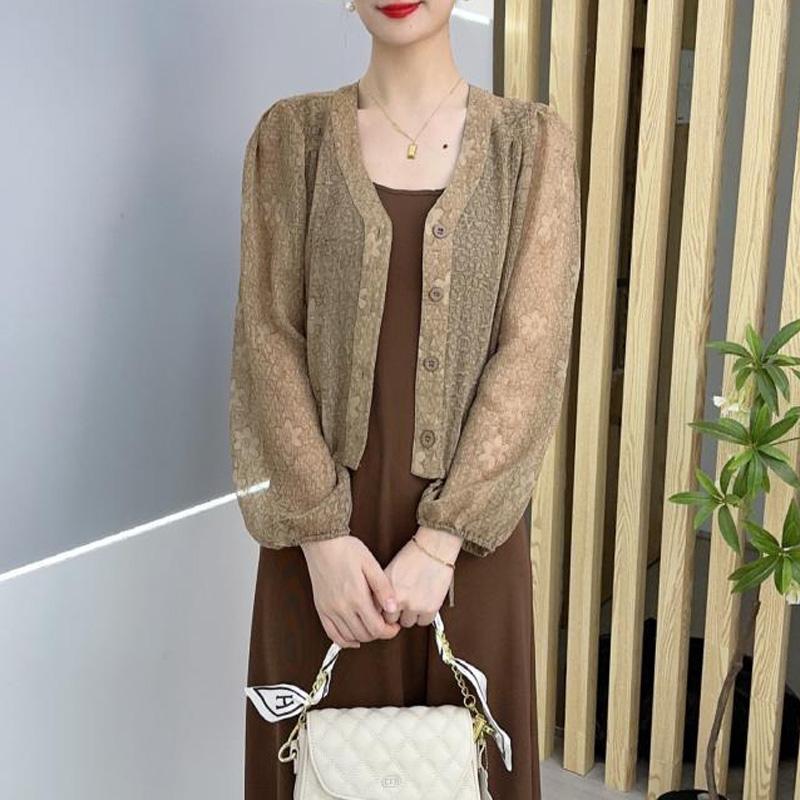 2023 New Spring and Autumn Fashion Temperament Commuting Minimalist V-neck Printed Loose Casual Versatile Sunscreen Shirt