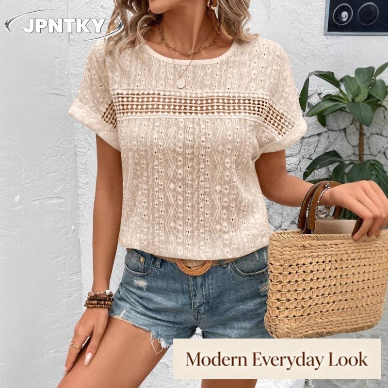 JPNTKY Women's Fashion Casual O-Neck Short Sleeve Blouses & Shirts