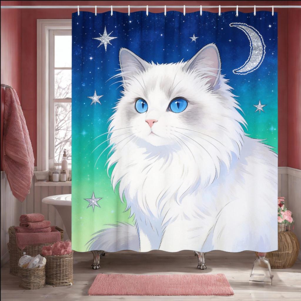 Artistic Black Cat Shower Curtain 1pc – Painted Style with Vibrant Colors, Cute Pet-Themed Bath Curtain for Home and Cat Lovers