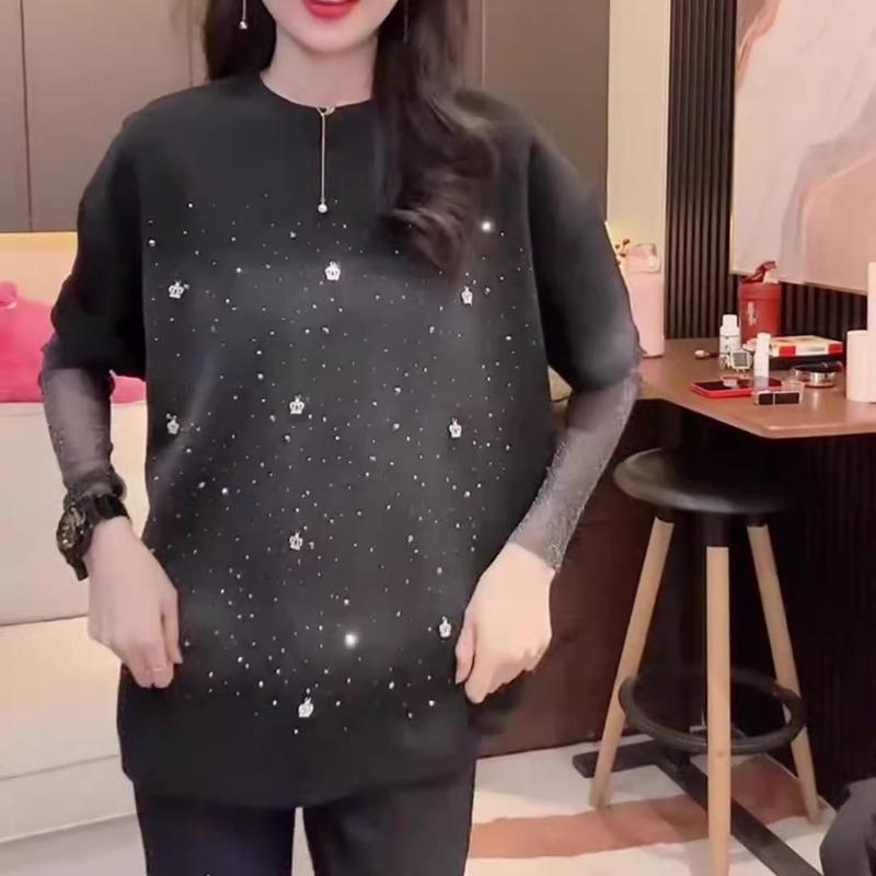 Women's Plus Size Mesh Stitching Age Reduction Long Sleeve Design Sense Crown Ironing Drill Blouse