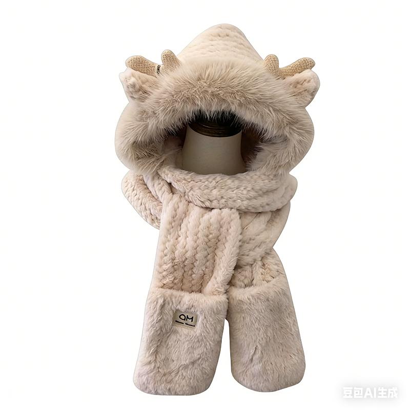 Fashion Elk Antlers Plush Hat Scarf Gloves Women's Winter Ear Protector Thickened Ear Muffs and Neck Warmer Hat Cycling Ski Cap Wind Proof