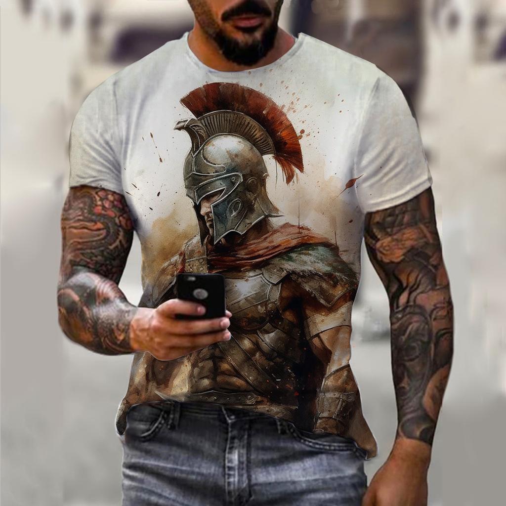 Sparta Neues Mode Heldenmuster T-Shirt Europäische und Amerikanische Sommer Mode Kurzarm Oberteile Lässig Personalisierte Aufdrucke Rundhals Streetwear