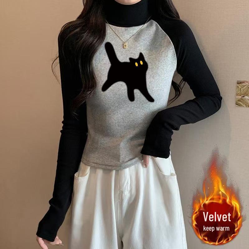 

Women s Chic Slimming Raglan Color Block Velvet Long Sleeve T-Shirt with Stand-Up Collar 3XL (Recommended 72-80kg)