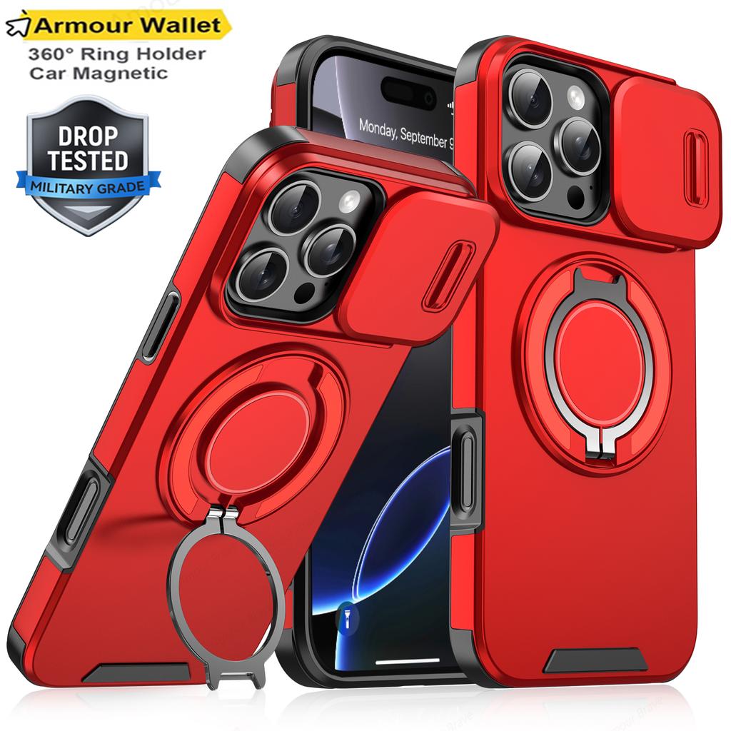 Heavy-duty Rugged Ring Holder Phone Case For iPhone 16 11 12 13 14 15 Pro Max Slide Camera Protection For Magsafe Magnetic Cover