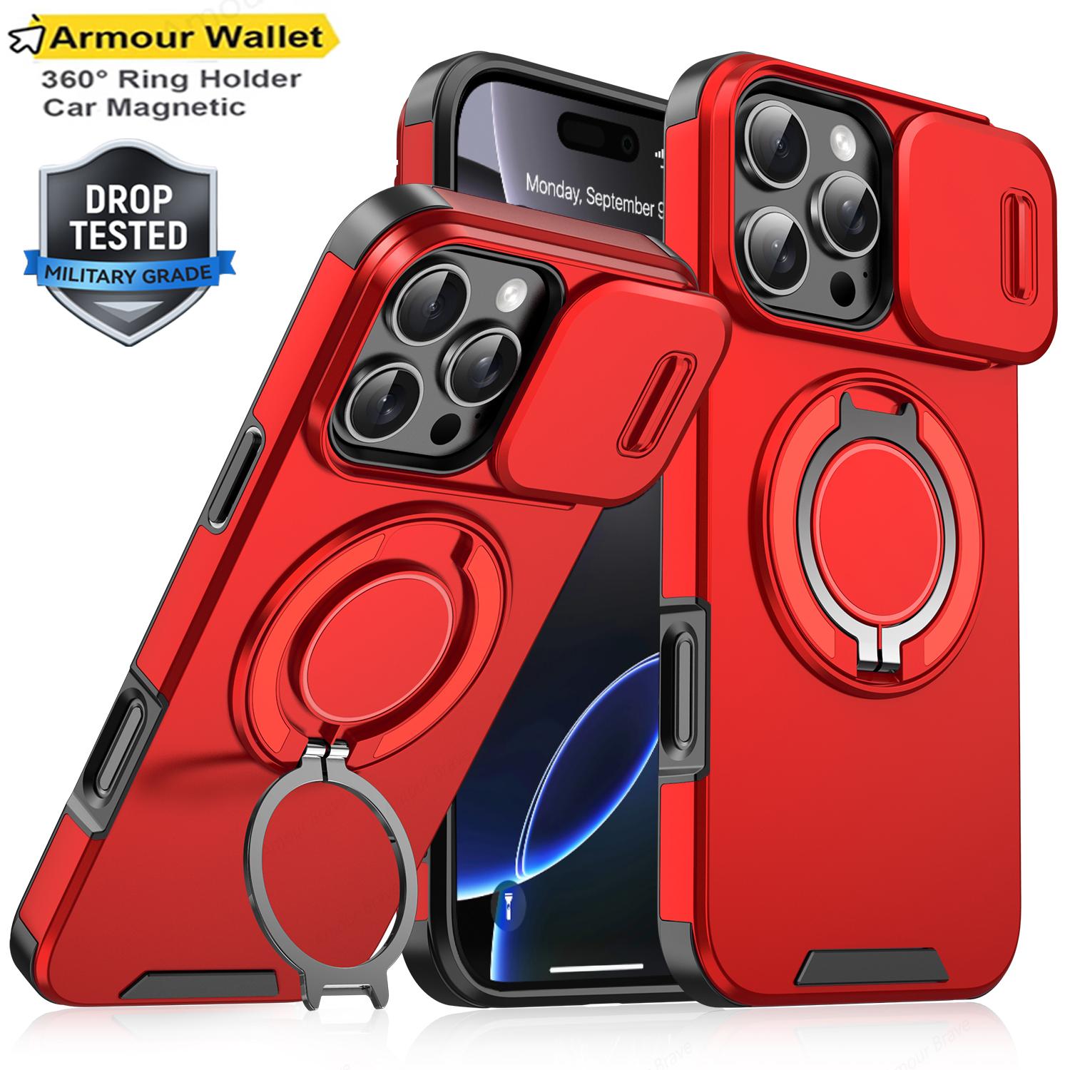 

Сверхпрочный Прочный Чехол-держатель для кольца для телефона для iPhone 16 11 12 13 14 15 Pro Max Защита камеры со сдвигом для магнитной крышки MagSafe iPhone 15 красный