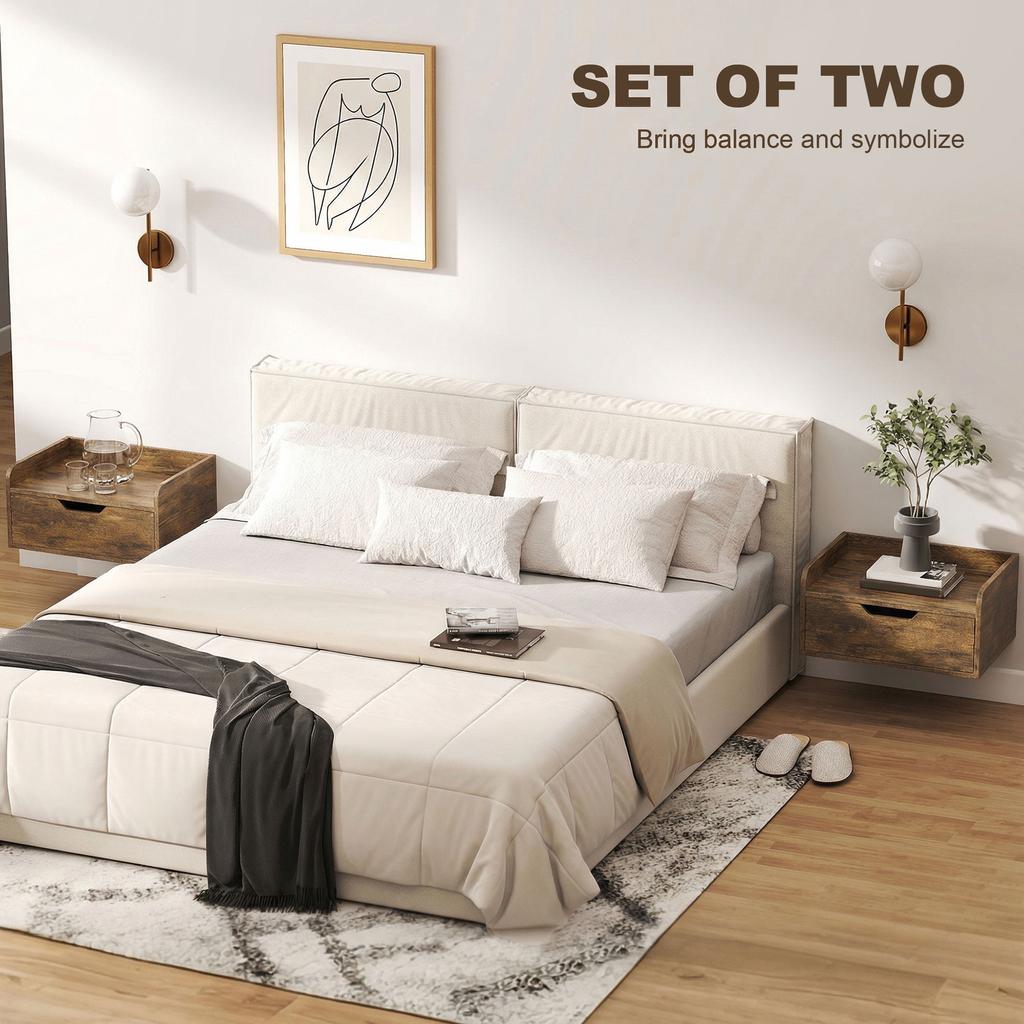 Floating Nightstands Set Of 2 Wall Mounted Bedside Table With Drawer For Bedroom Rustic Brown