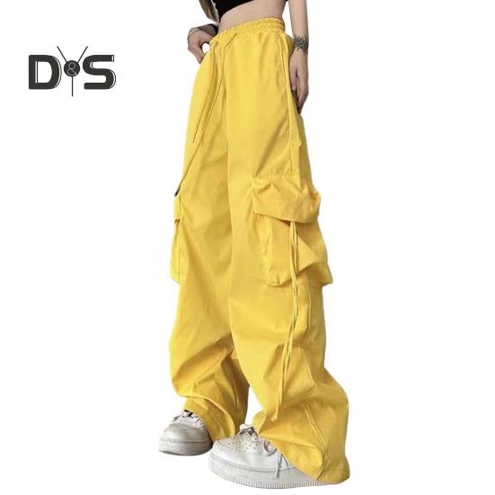 

Брюки-карго в стиле хип-хоп, женские повседневные брюки с большими карманами, свободные широкие брюки с высокой талией, однотонные брюки, уличная одежда M жёлтый