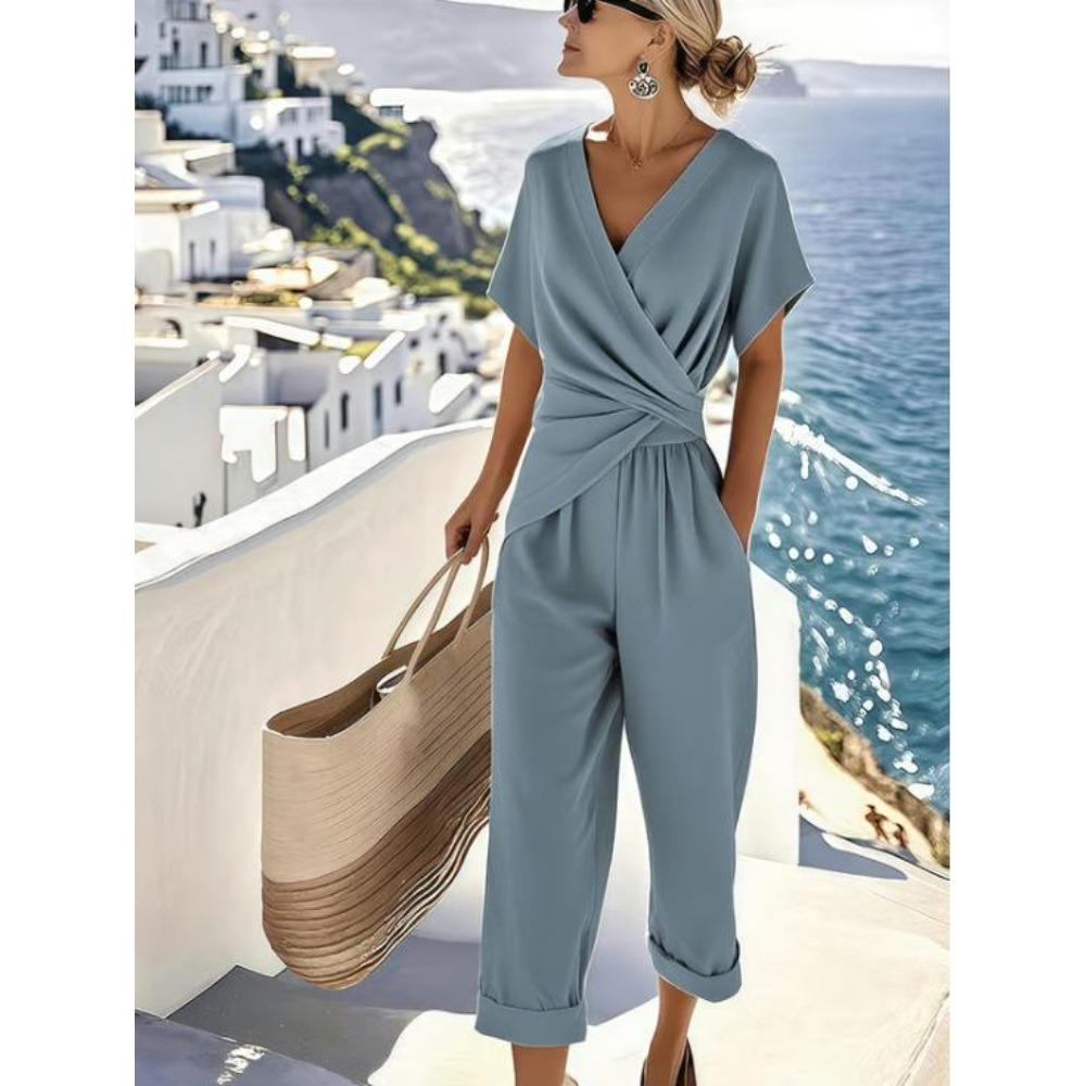 Damen 2-teilige Outfits V-Ausschnitt Kurzarm Raffung Oberteil und Cropped Hosen Set Sommer Lässig Loungewear Sets