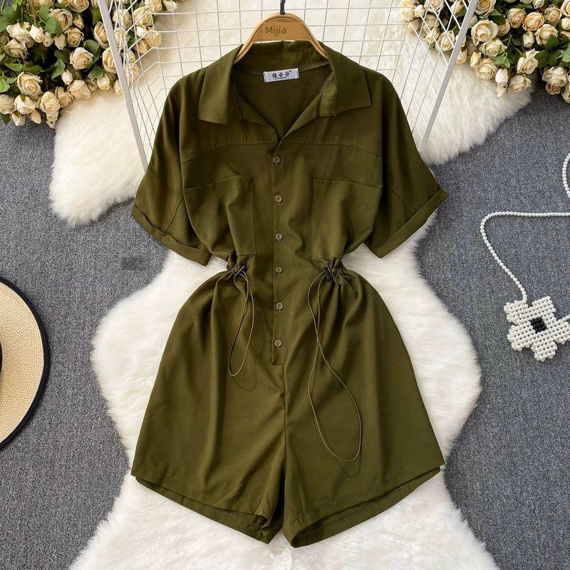 

Lapel and Waist Tight Slimming Drawstring A- line Skirt Short Sleeve Green All yards