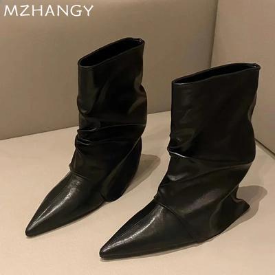 Mode Damen Spitzschuh Stiefeletten Mode Mittelhohe Absätze Elegante Schuhe Frau 2025 Trend Designer Goth Stiefel Pumps Neu Winter Mujer Botas
