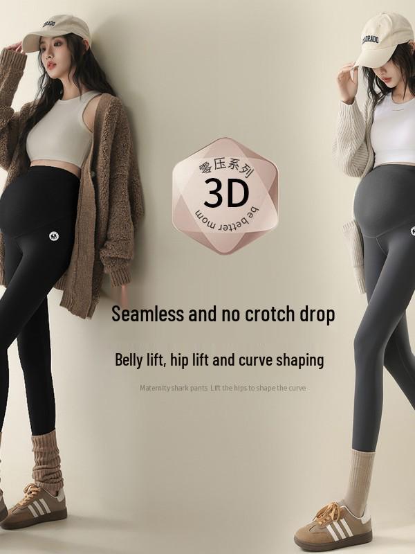 Maternity Shark-Patterned Leggings: Wearable as Yoga Pants, with Fleece Lining for Warmth in Autumn/Winter. Non-Constrictive Design.