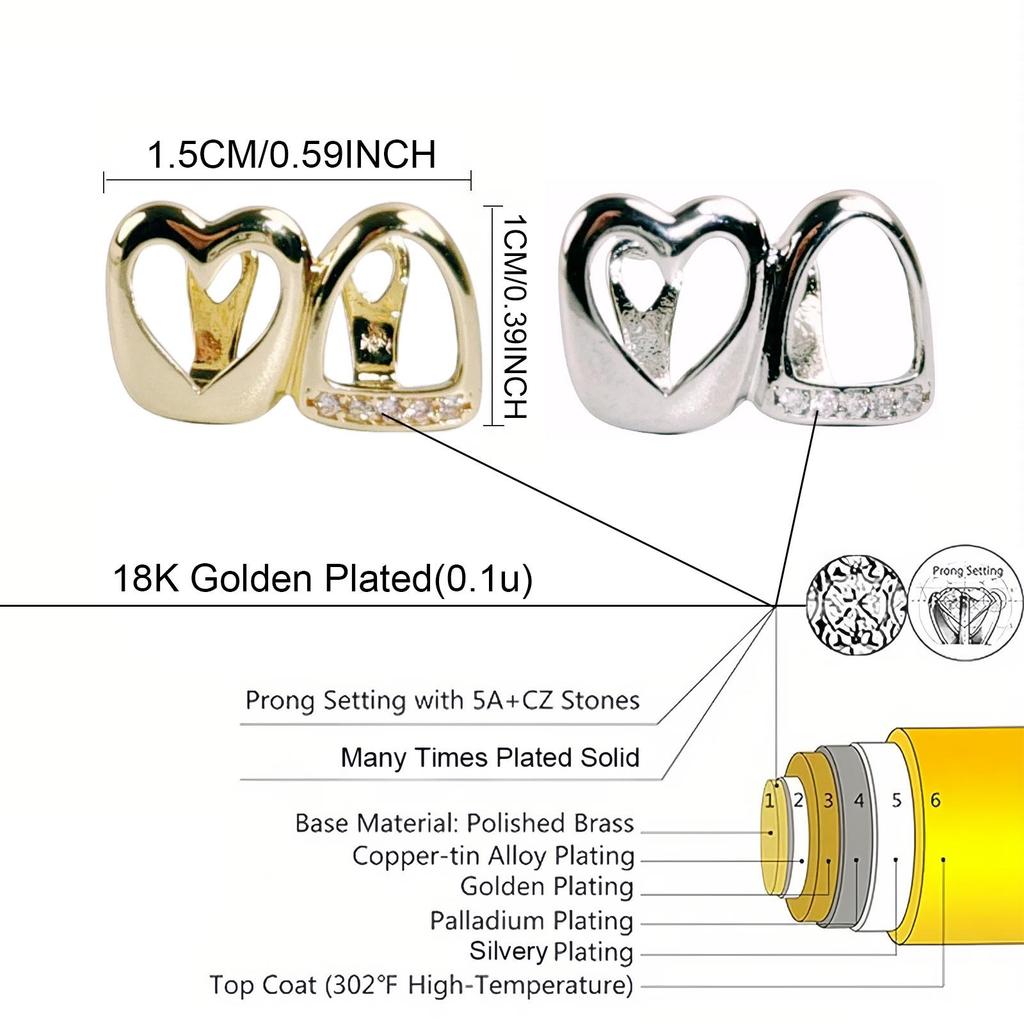 Hollow Heart Zirconia Two-Tone Gold Hip Hop Braces - Glossy and Versatile Accessory