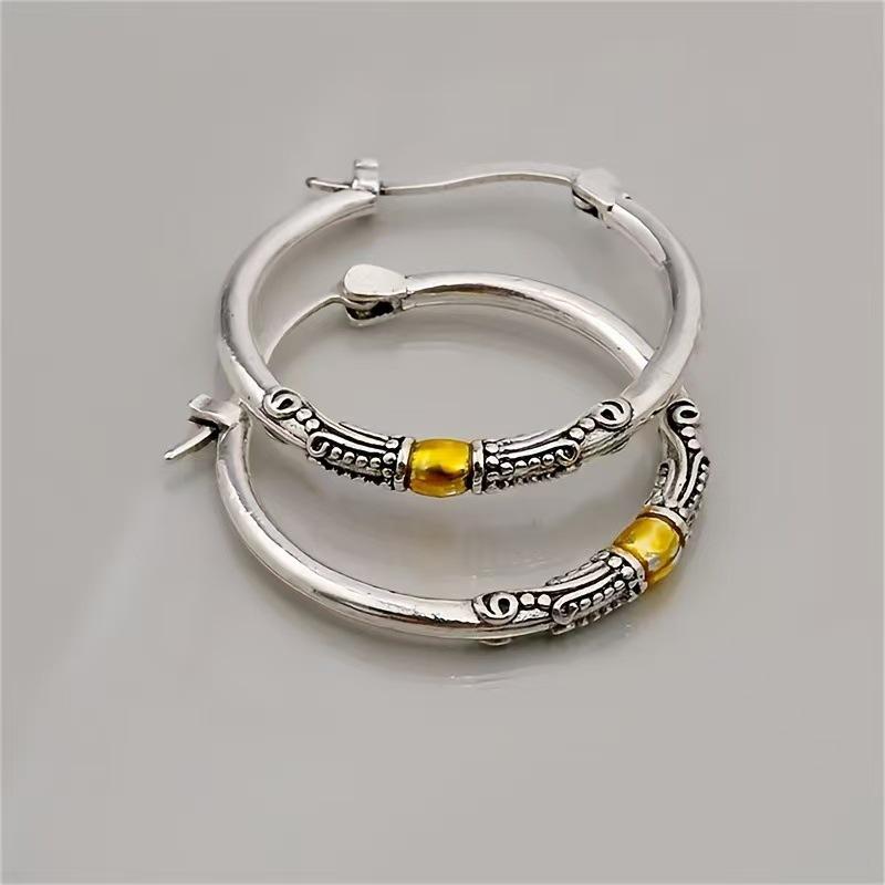 Vintage Two-Tone Carved Hoop Earrings, Fashionable & Versatile Women s Ear Hooks