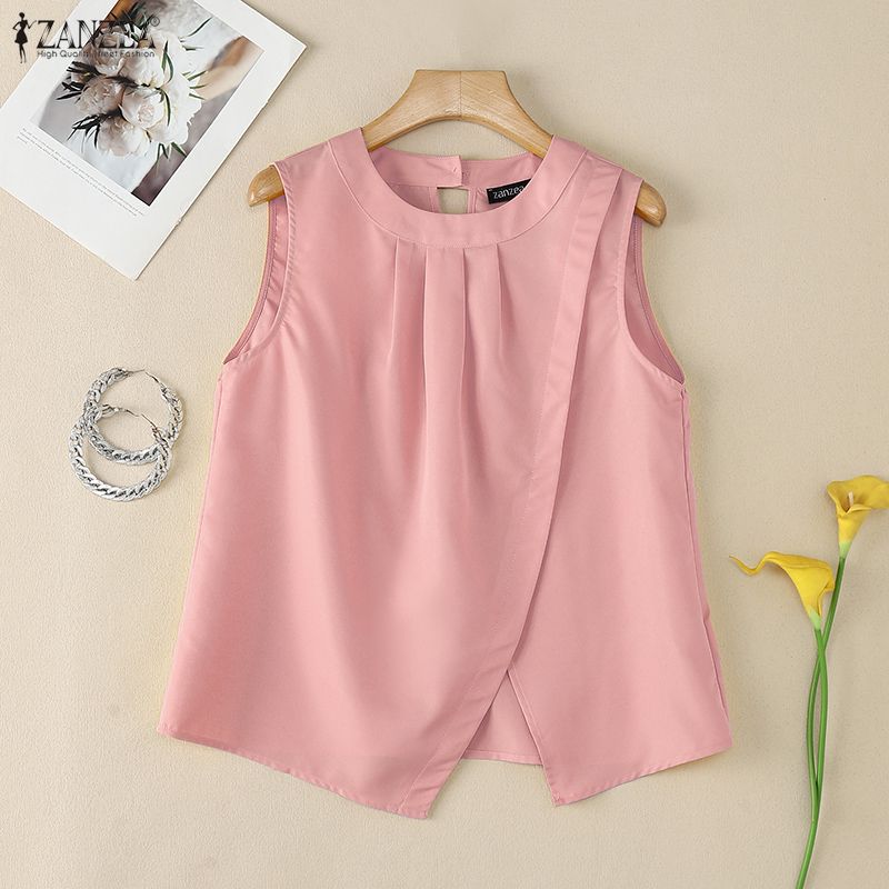 ZANZEA Camisetas sin mangas de verano para mujer con cuello redondo casual