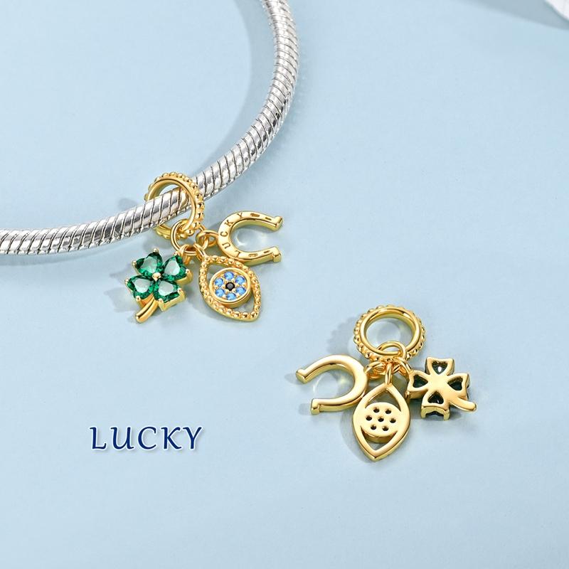 Copper Golden Shamrock Charm Bead Charms Zirconium Blue Eyes Horseshoe Dangle Pendant Compatible With Authentic Bracelets Women Jewellery Gift