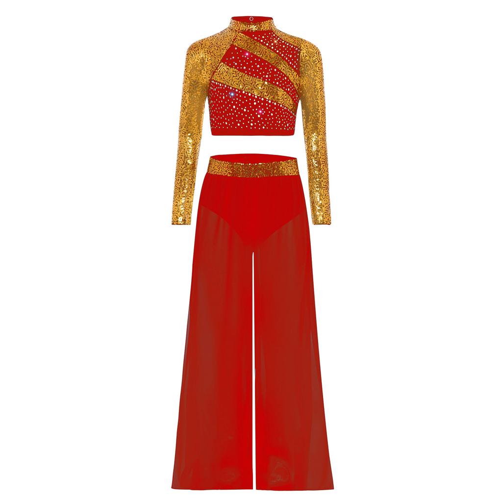 Girls Two Piece Dance Set Mock Neck Long Sleeved Sequins Crop Top Cutout Back with Flowing Chiffon Wide Leg Pants