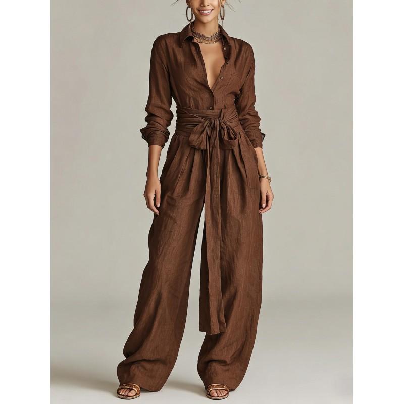 2026 Vintage Solid Color High Waist Wide Leg Jumpsuit With Tie Loose Fit Casual Womens Outfit
