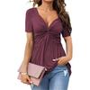 New European American Style Women's V Neck Twist Front Short Sleeve Shirt Casual Solid Color Pullover T-shirt Top
