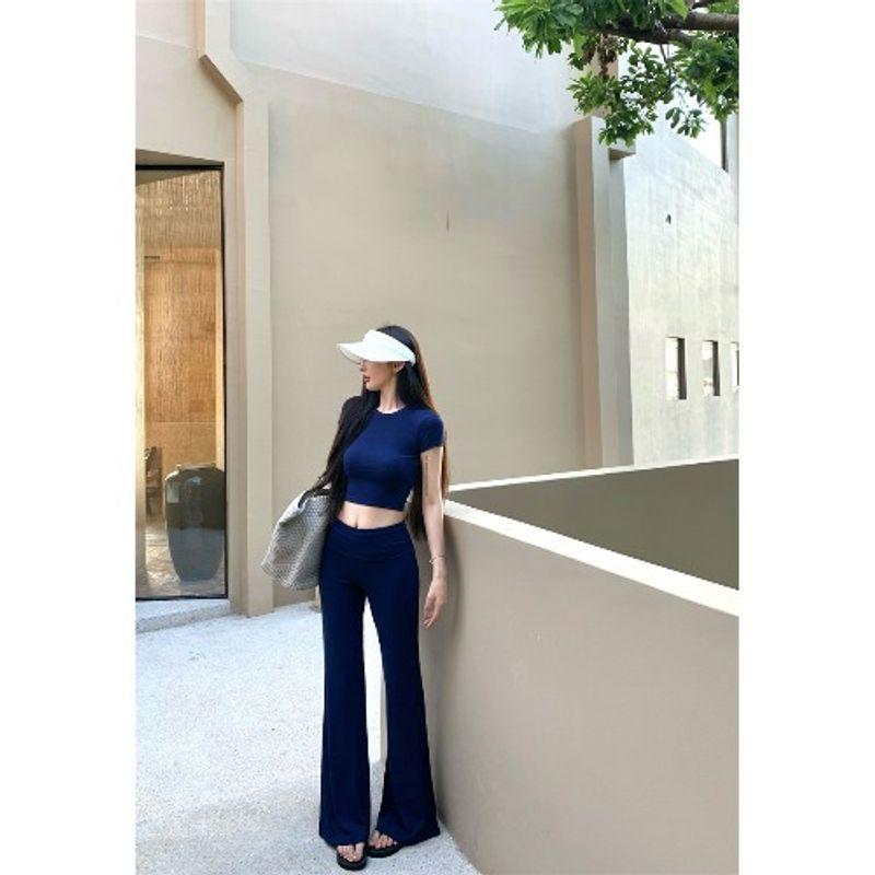 Kumikumi Gyaru Set Simple Solid Short sleeve T-shirt Women Summer High Waist Casual Pants Bootcut Trousers Two-piece Set