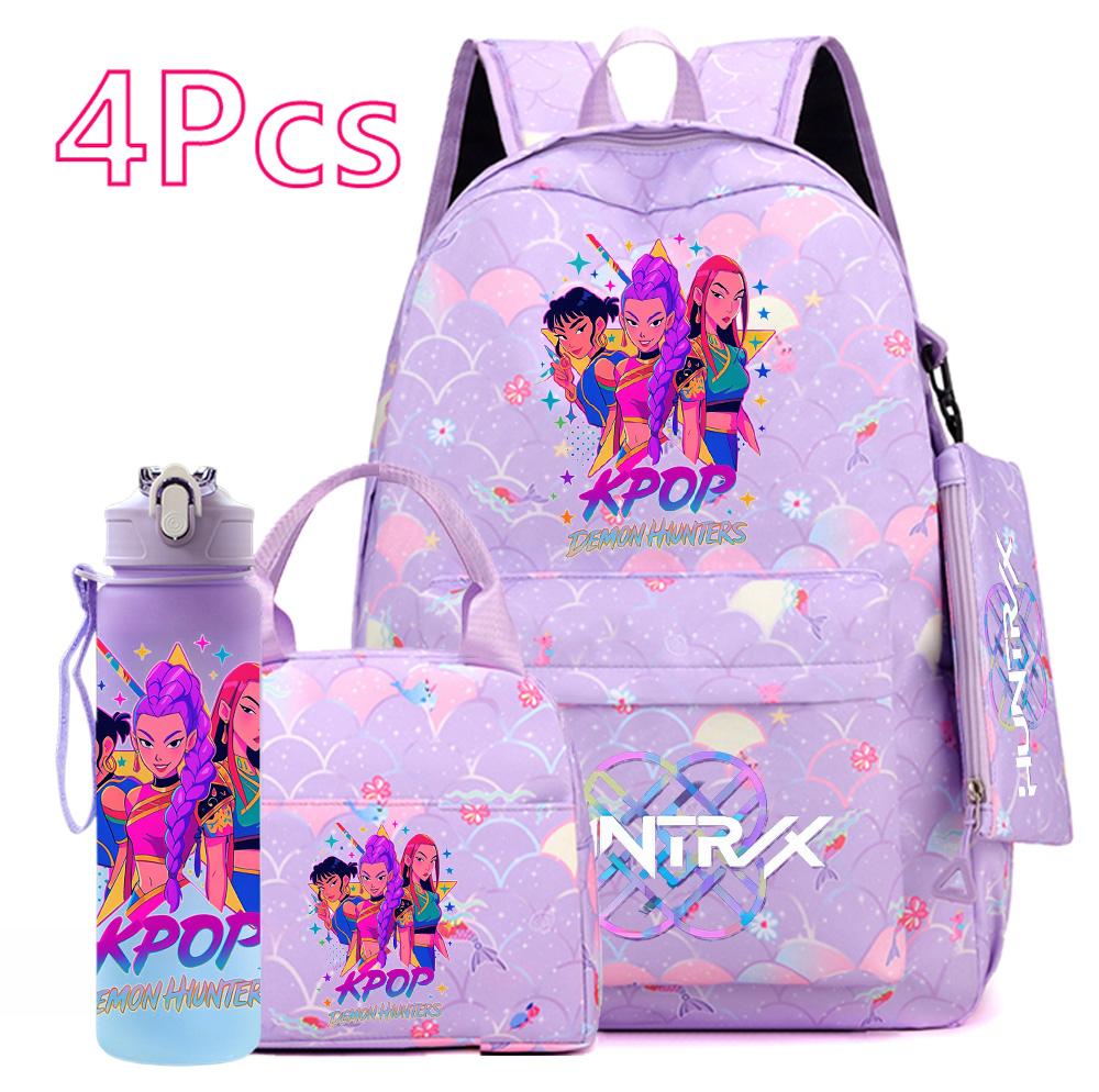 4Pcs/set Anime Cute Printed Backpack Large Capacity Bookbag HandBag Case Bag with 750ml Water Bottler Boy Girl SchoolBag Waterproof Mochila