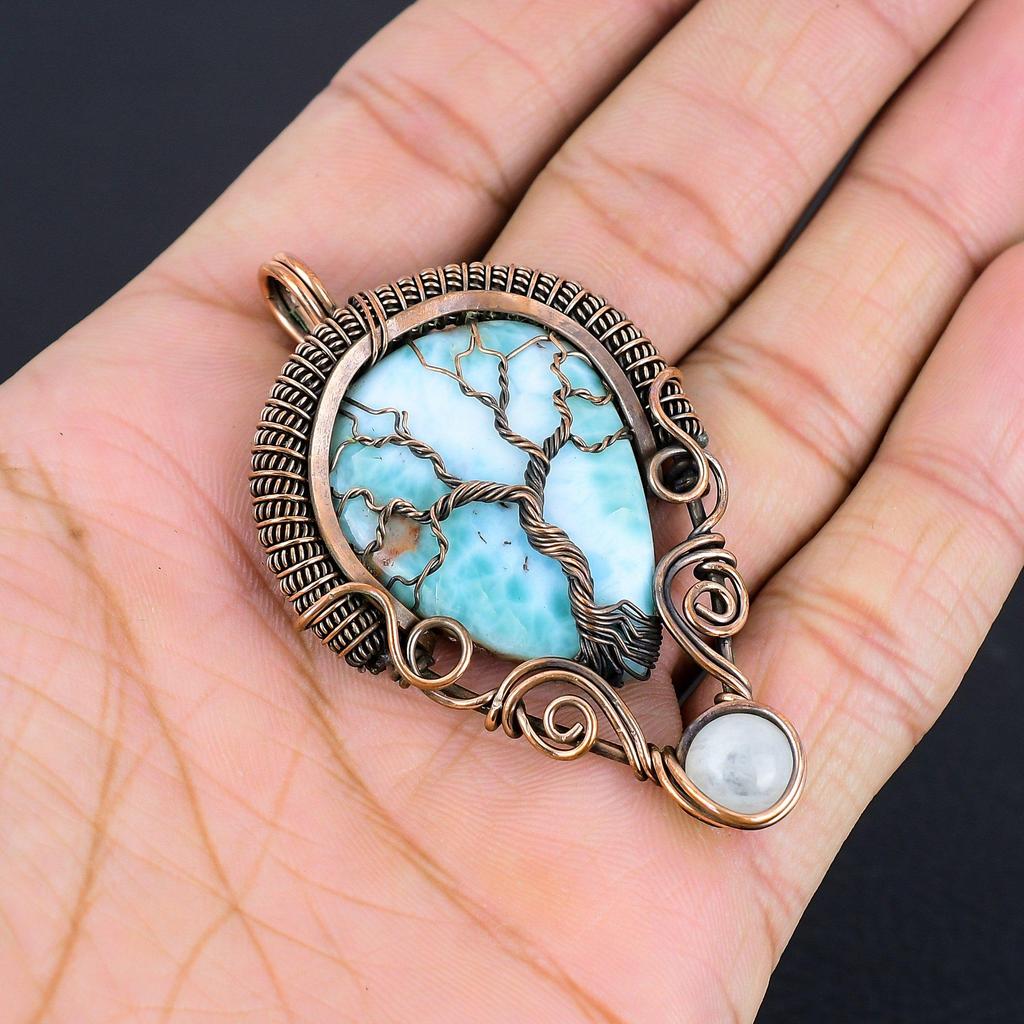 Tree Of Life Larimar Pendant Gemstone Jewelry, 999 Copper Wire Wrapped Pendant, Handmade Jewelry Birthstone Pendant, Gift For Him