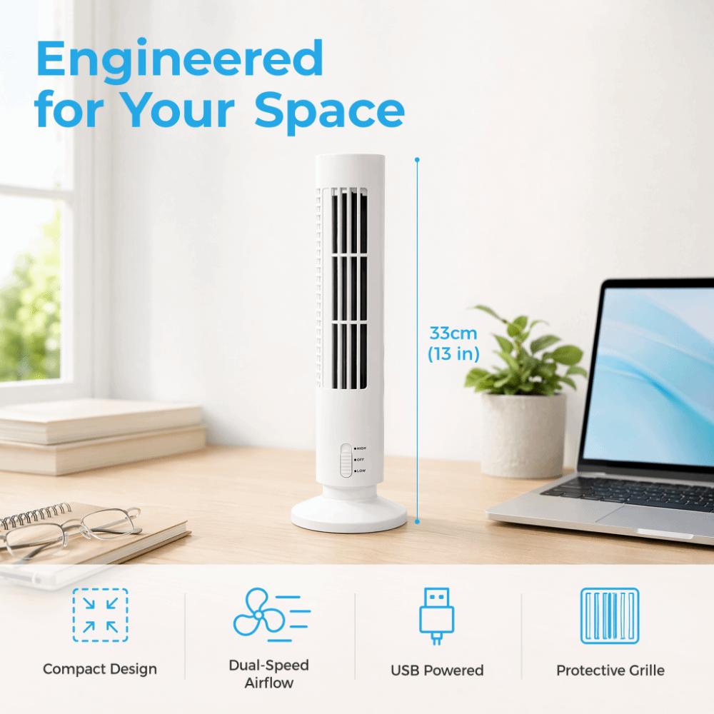 Slim Mini Desk Fan Plastic Wingless Fan Simple Control Bladeless Tower Fan, Dorm Room