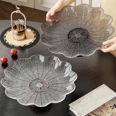 Clear Fruit Bowl with Wooden Base Modern Serving Tray for Living Room Coffee Table Kitchen Petal Hammer Pattern Snack Tray