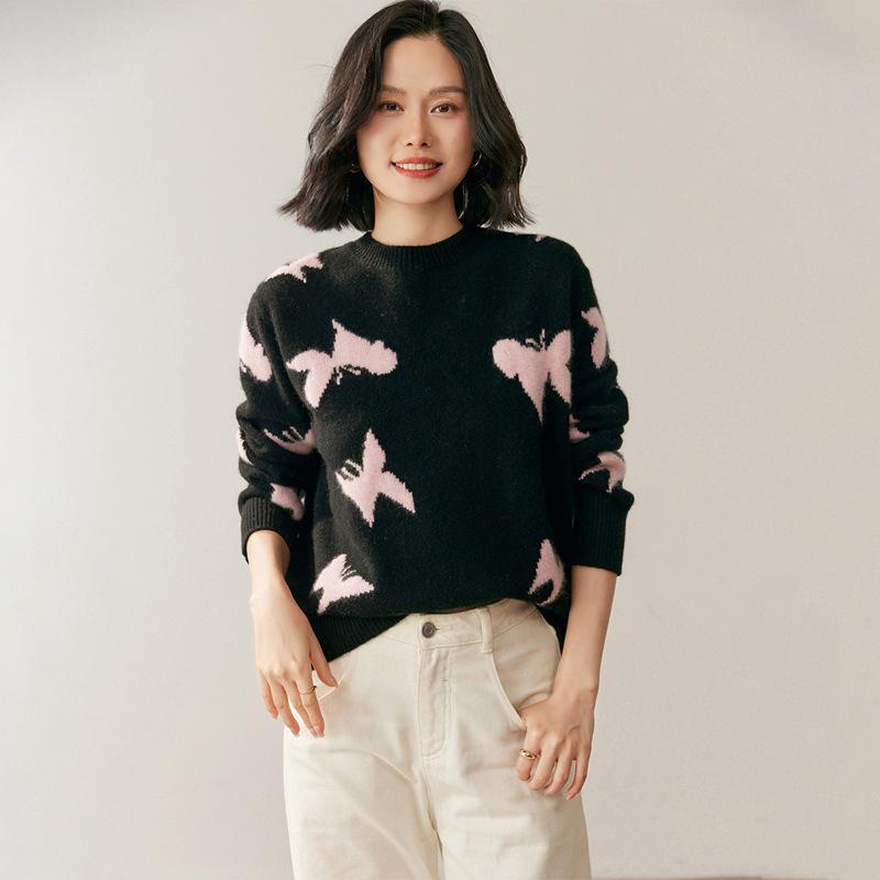 Women's Butterfly Cashmere Round Neck Sweater - 2025 Autumn/Winter Loose Slim Fit Knitwear