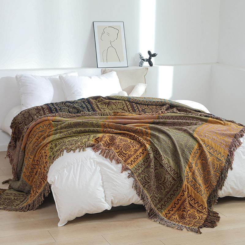 Bohemia Baumwoll-Handtuchdecke mit Quasten, Tagesdecke für Schlafsofas, Garngefärbt, Hohe Qualität, 230*250 cm Abdeckung 230x250cm white