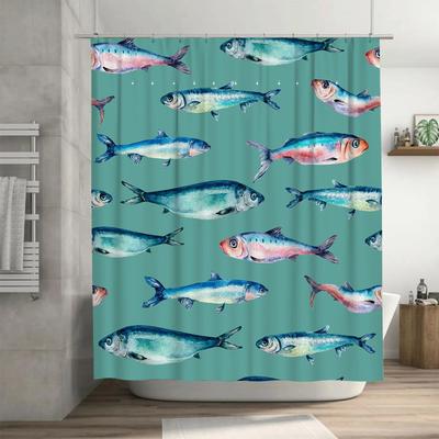Blue Fish Print Shower Curtain Waterproof Fabric Decorative Bathroom Rug Liner for Home Bathing Room Decoration