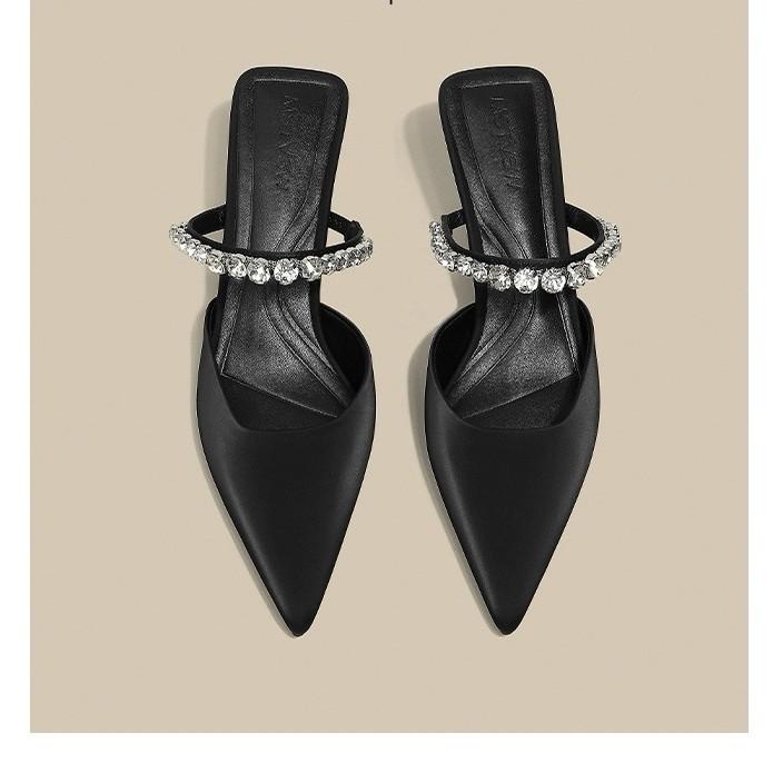 Pointed rhinestone low-heeled shoes girl 2025 new nude French fairy wind bag head half slippers one pedal women's shoes