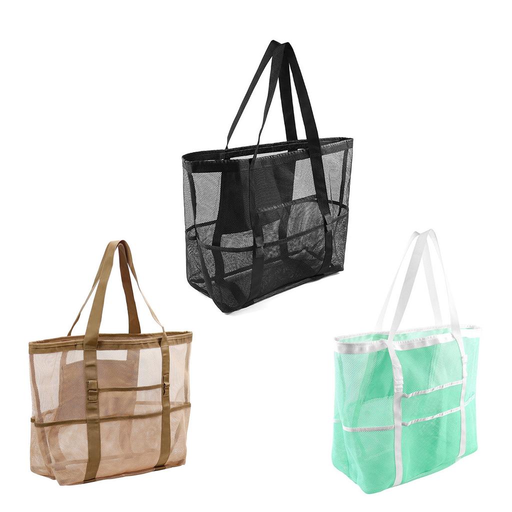 Spacious Mesh Beach Bag with Comfortable Handle Multiple Pocket Storage Handbag Swim Bag for Family Outings