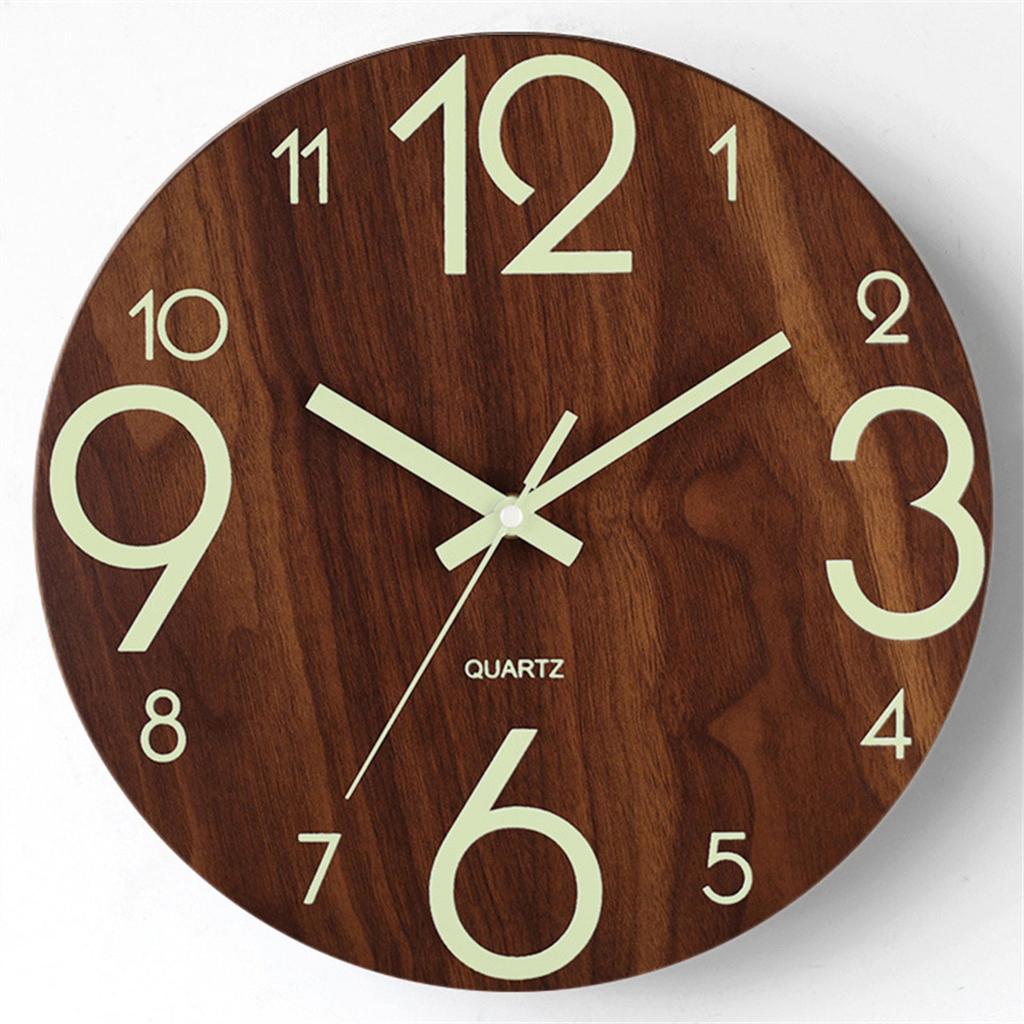 8" Silent Luminous Wall Clock, Wood Grain MDF, Fluorescent Quartz Clock