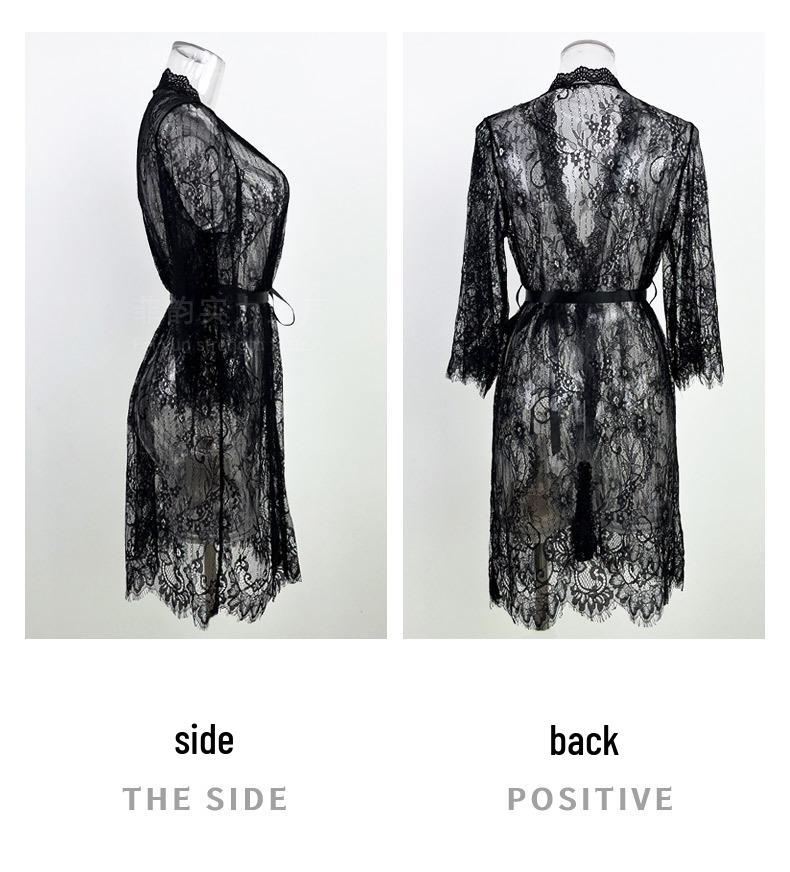 Sexy síťkovaná krajková lemovaná průsvitná noční košile župan - Dámské domácí oblečení