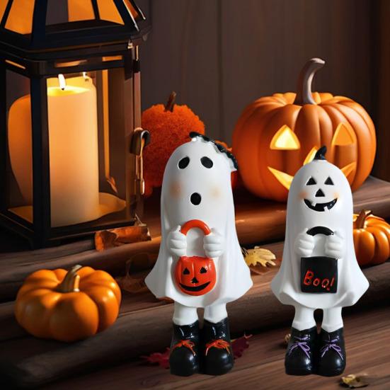 Halloweenská figurka ducha Roztomilá malá bílá soška ducha Stolní ozdoby ducha Pryskyřičné řemesla pro vnitřní venkovní verandu Domácí stolní dekorace