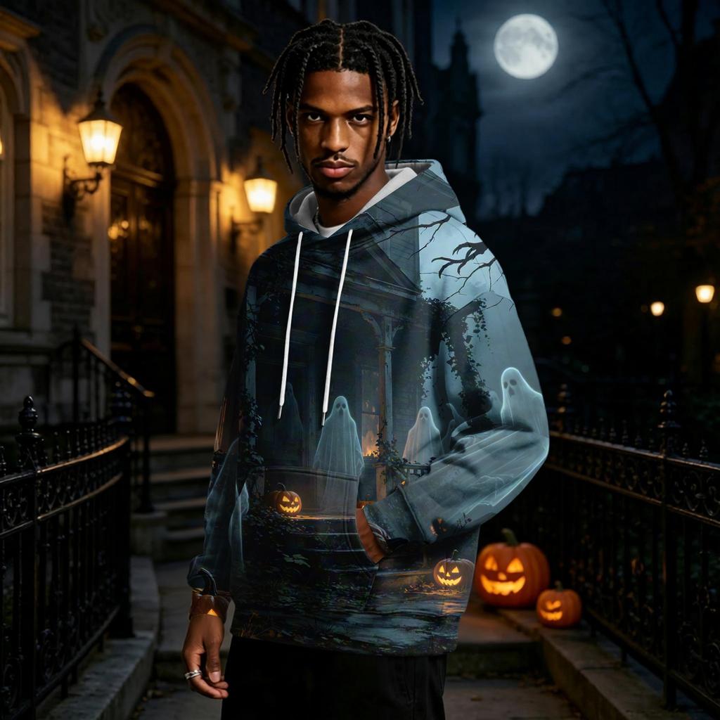 Men's Halloween Printed Long Sleeve Pullover Hoodie