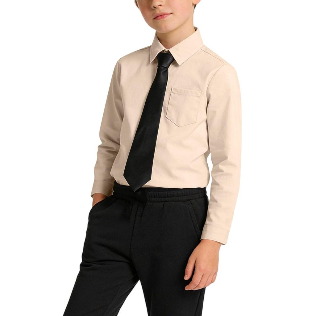 Boys Button Down With Tie And Chest Pocket School Uniform Long Sleeve Shirts