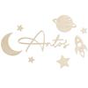 Inscription of the Name Above the Child's Bed On a Wooden Wall. Accessories for the Room In the Cosmos.