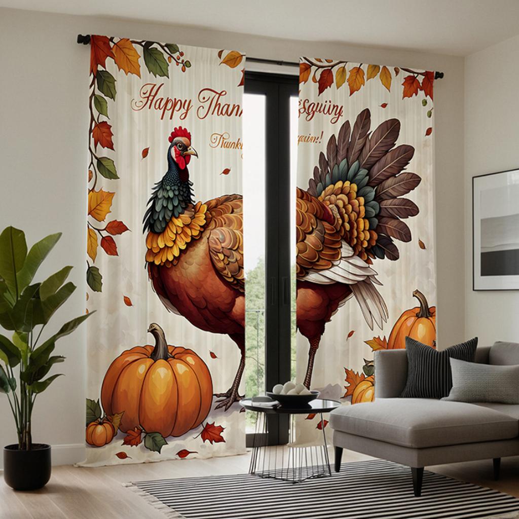 2pcs HD Thanksgiving Rooster Pumpkin Decorative Curtain Yellow Tie Digital Printed Curtain Home Decor Style Decoration Living