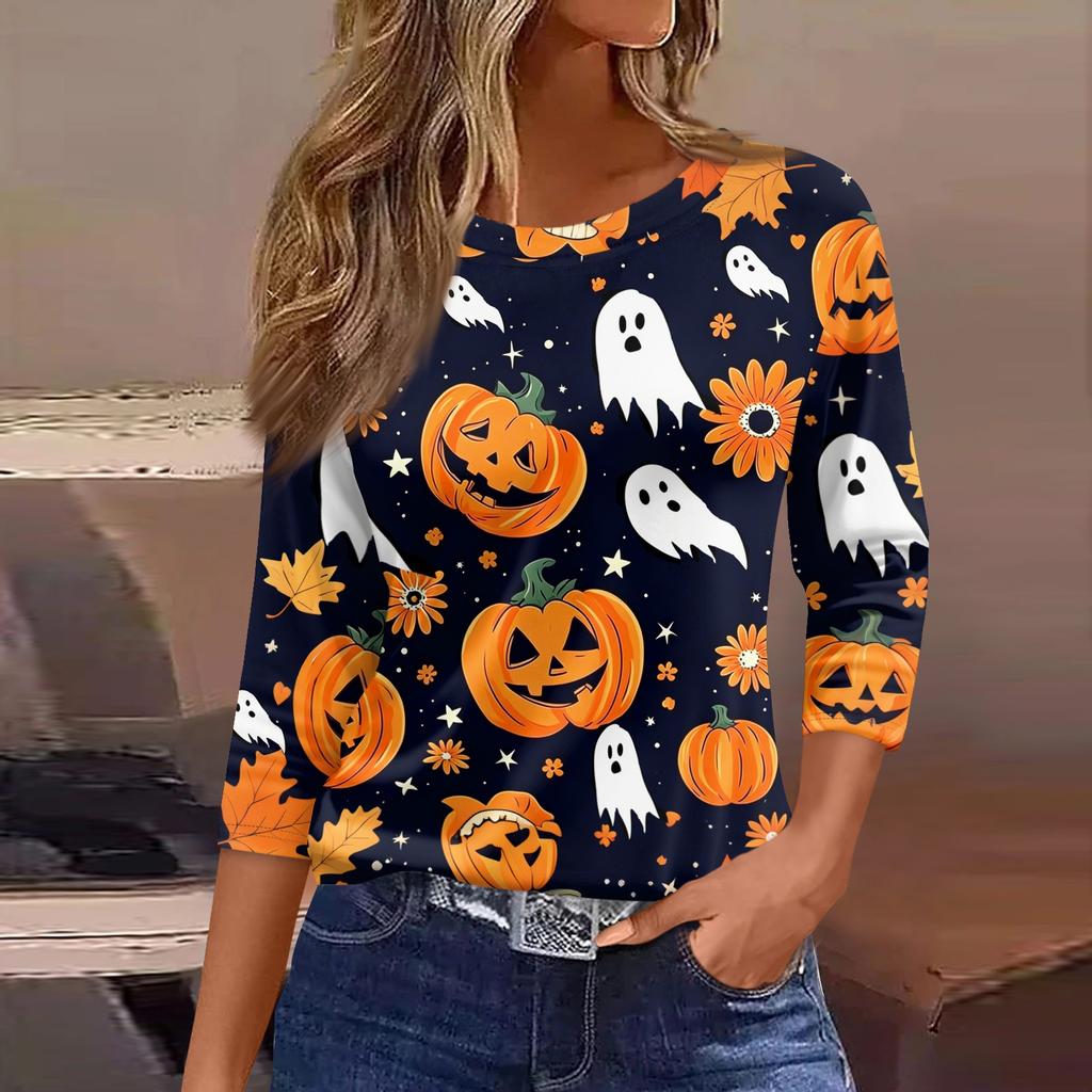 Women 3/4 Sleeve Casual Shirt Loose Fit Round Neck Halloween Print T Shirt Comfortable Lightweight Top for Everyday Wear