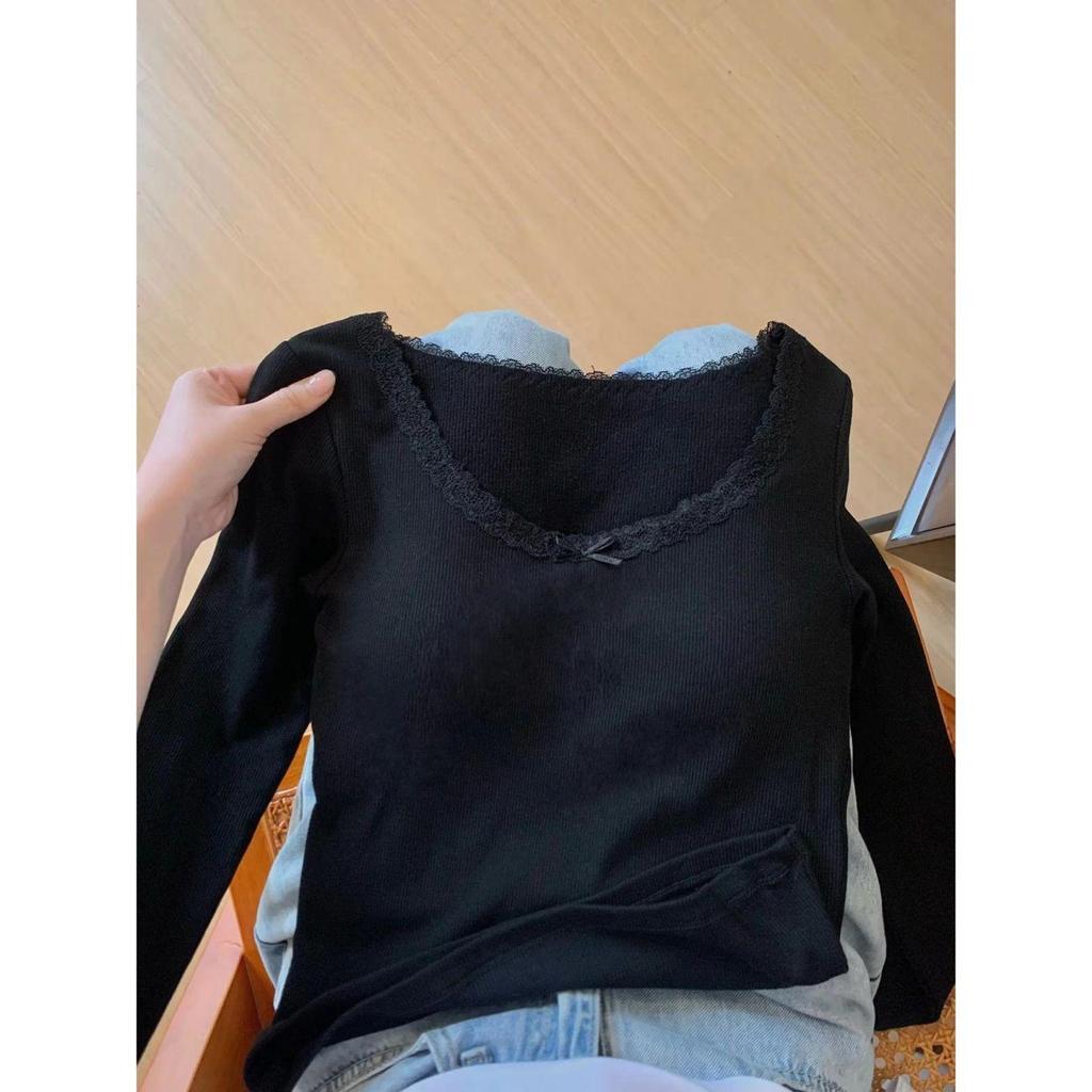 Petite Slim-Fit Women's Long-Sleeve White Lace T-shirt, Korean Style, Autumn/Winter, Gentle Inner Layer, Highlights Collarbone