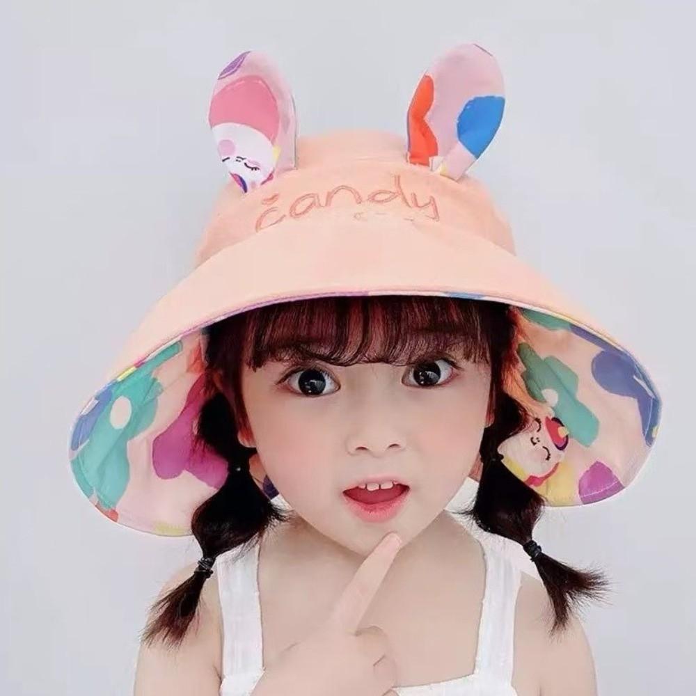 Cotton Children Rabbit Ears Sun Hat Adjustable Wide Brim Hat Kids Empty Top Sunscreen Hat  Running