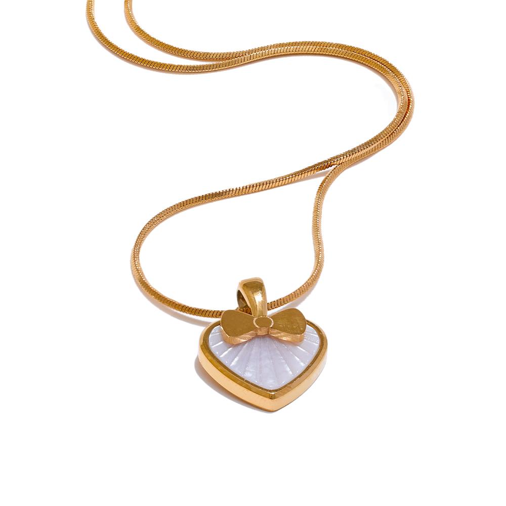 

Yhpup Stainless Steel Heart Bow Knot Natural Shell Pendant Necklace Fashion Chic High Quality Summer Jewelry Waterproof Stylish
