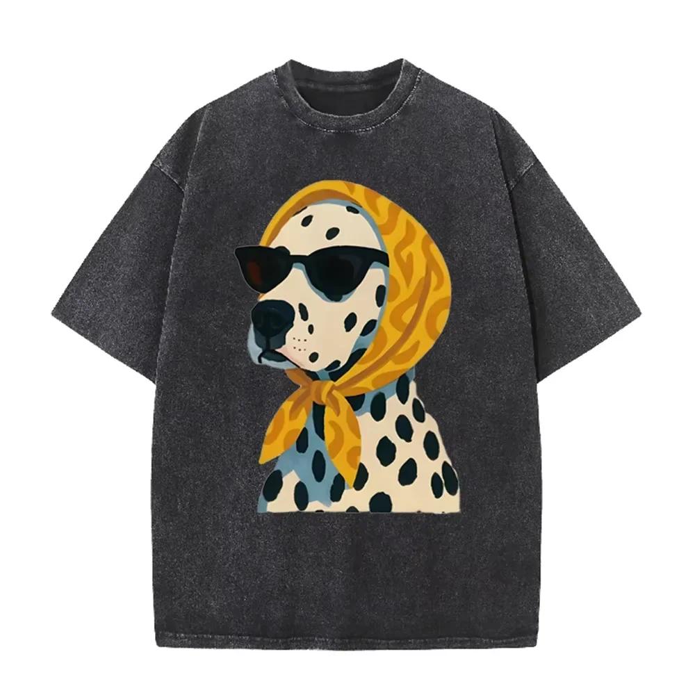 Distressed Vintage Washed Tee Stylish Cool Dalmatian Cartoon Animal Print Loose Fit Short Sleeve T Shirts
