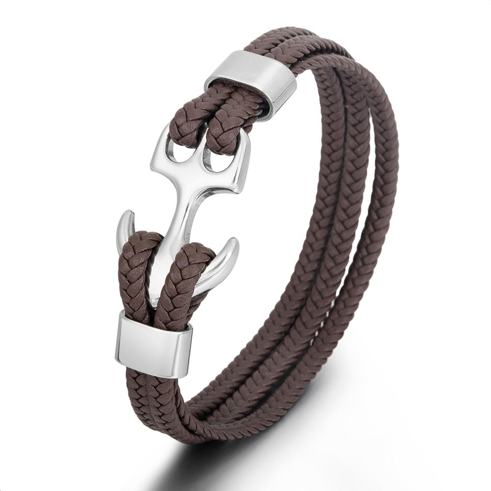 Handmade 18K Gold Plated 316L Stainless Steel Leather Animal Shape Punk Anchor Cuff Bracelet Braided for Men