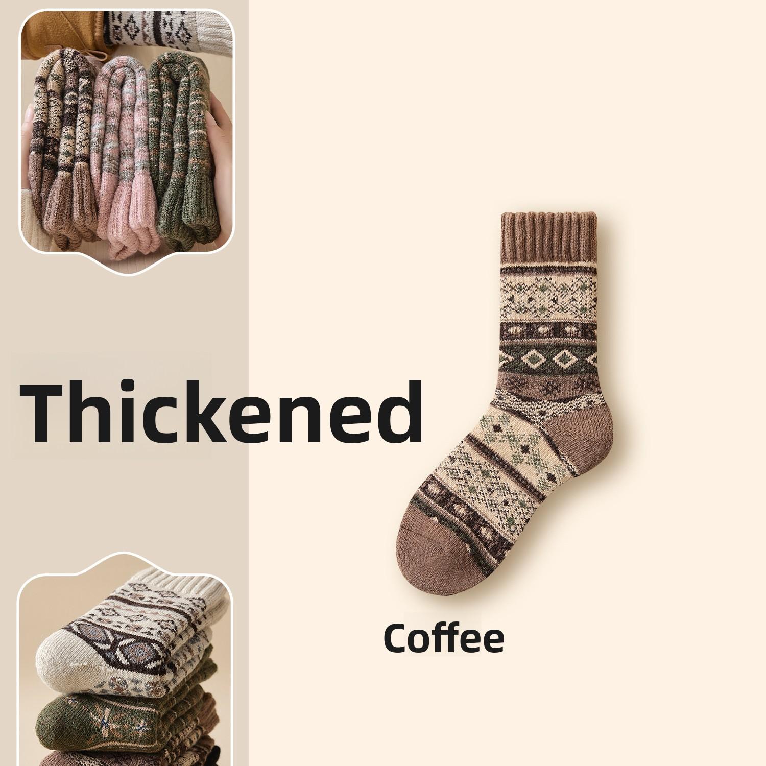 

10-1 Пара Зимових Вовняних Шкарпеток, Потовщені Шкарпетки, Ретро Етнічний Стиль, Парний Стиль, Північно-східні Теплі Шкарпетки Середньої Довжини з Петлями 1 pairs кавовий