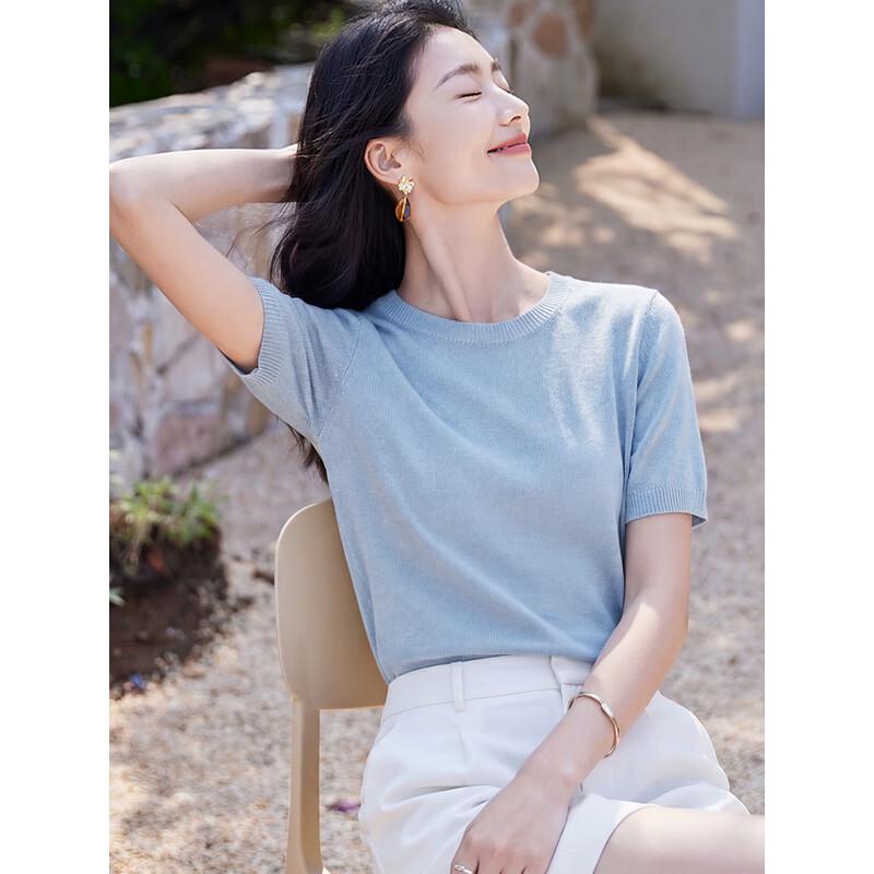 Women's Round Neck Knit Short Sleeve T-Shirt