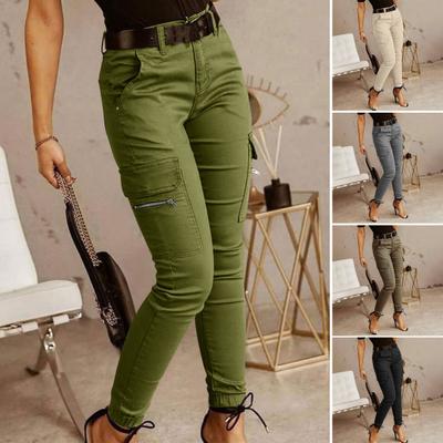 Women Cargo Pants Pure Color Mid-rise Button Zipper Closure Casual Trousers Multi Pockets Design Elastic Cuffs